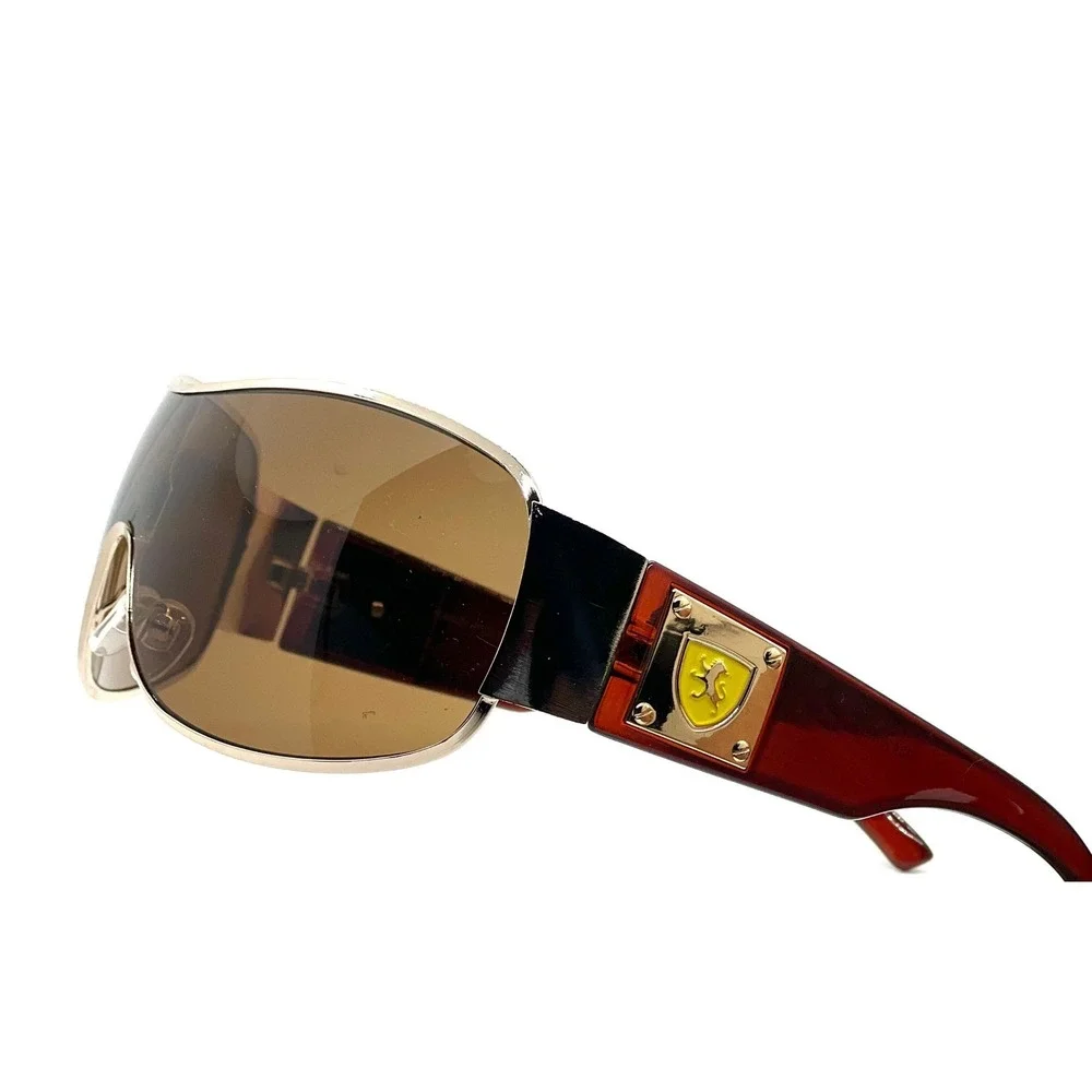 Block Curved One Piece Shield Sunglasses‎ Men's Flat Top Gold Frame Brown Lens